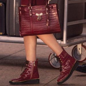 Michael Khors Crocodile Embossed Leather Combat Boot Dark Berry 7.5